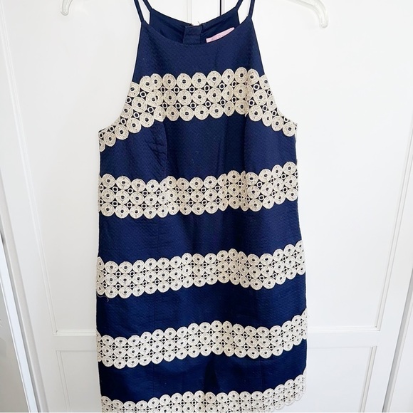 Lilly Pulitzer Annabelle True Navy/Metallic Gold Lace Stripe Shift Dress 4 - Picture 4 of 15